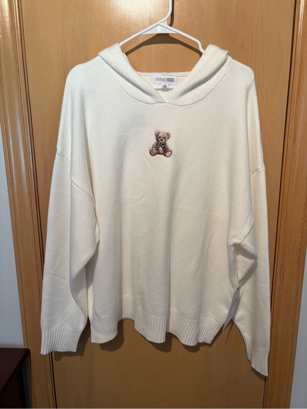 Orange Kiss Cream Embroidered Teddy Hoodie Sweater Women's Plus Cozy Pullover 1X